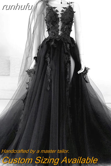 runhufu Black Wedding Dresses Sexy Backless High Side Split A-line Bridal Dress Lace Wedding Gowns Without Veil Vestido De Novia